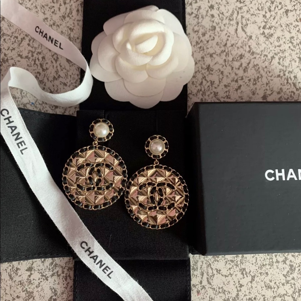 CHANEL XL Gold and Black Quilted Drop Medallion Earrings with Pearl Center